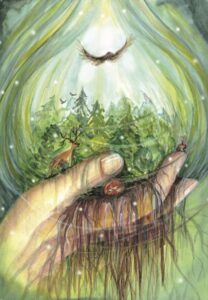 Care for the Earth principle - hand holding ferns and a bird