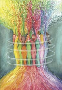 Colourful women in a circle with energy flowing from them